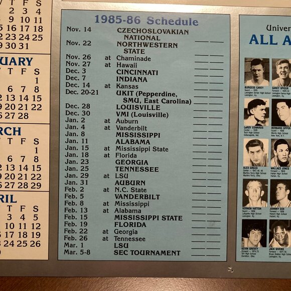Vintage 85-86 University of Kentucky Wildcat Basketball Poster Schedule Calendar - Picture 2 of 15